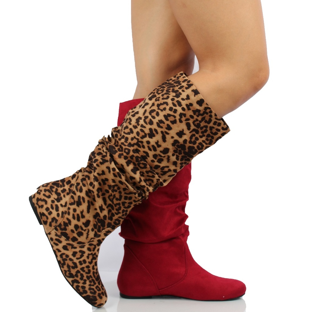 Cheetah Faux Suede Slouchy Knee High Flat Boot - Picture 6 of 7